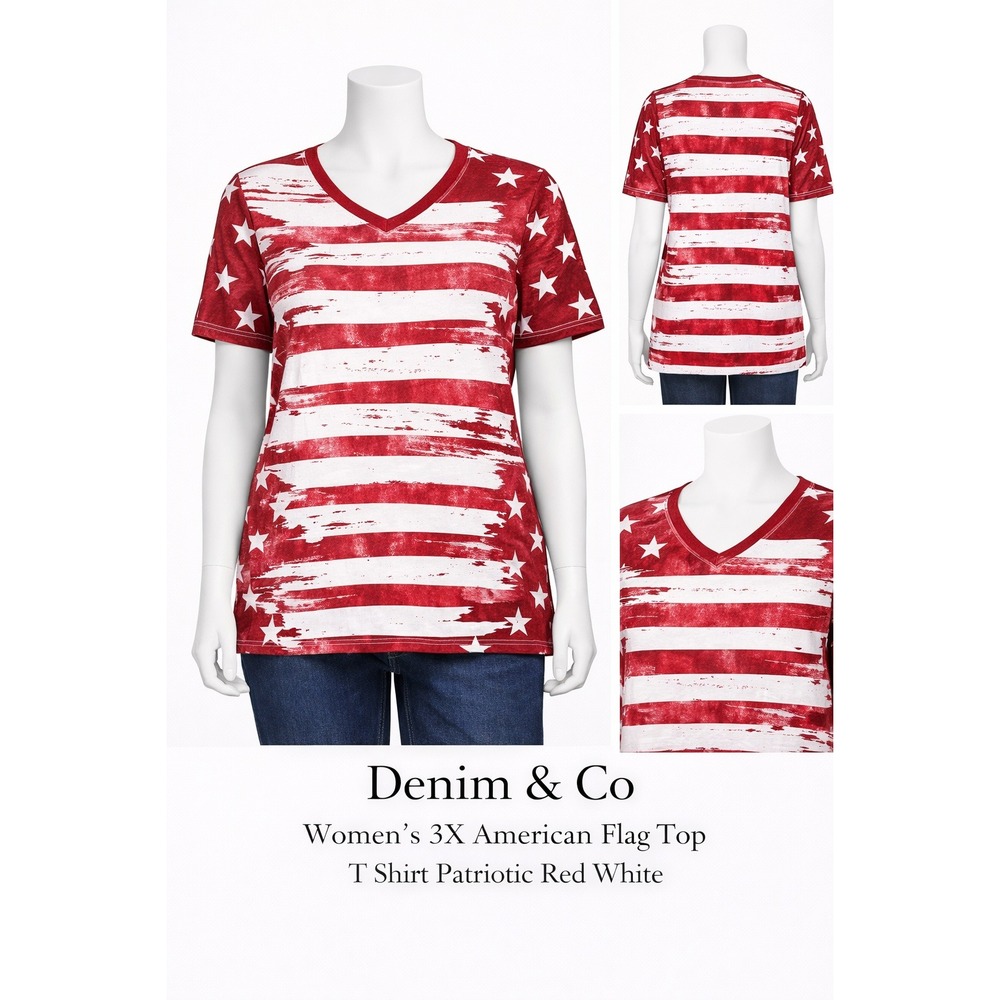 Denim & Co Womens 3X American‎ Flag Top T Shirt Patriotic Red White Blue A291647